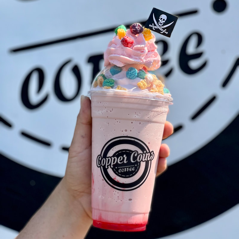 This is a blended coffee made to taste like your favorite cereal. With a yummy strawberry sauce and topped with Captain Crunch.